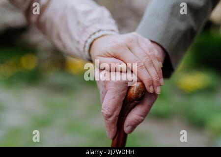 Nahaufnahme einer erwachsenen Tochter, die die Hand ihres älteren Vaters bei einem Spaziergang im Park im Freien hielt. Stockfoto