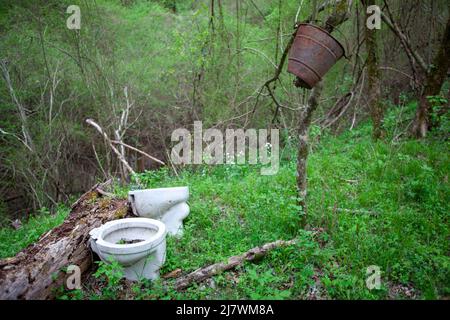 Zwei keramische Toiletten im Wald. Sie und er leben im Freien. Stockfoto