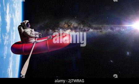 astronaut im roten Gummiboot in der Umlaufbahn des Planeten Erde Stockfoto