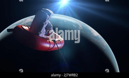 astronaut im Gummiboot in der Umlaufbahn des Planeten Erde Stockfoto