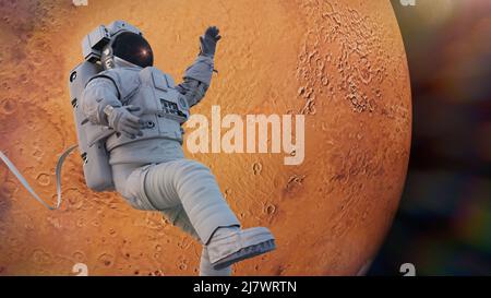 astronaut während des Weltraumspaziergangs in der Umlaufbahn des Planeten Mars Stockfoto