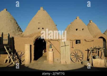 Der Eingang in ein uraltes Bienenhaus in Harran in der Türkei. Die Häuser bestehen aus Lehm- und Lehmziegeln und sind so konzipiert, dass sie die Hitze reduzieren. Stockfoto