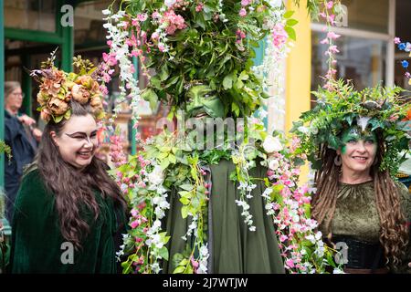 Glastonbury, Somerset, Großbritannien. 1. Mai 2022. Ein Mann in einem spektakulären Green man Kostüm nimmt an den Beltane Feiern in Glastonbury Teil. Stockfoto