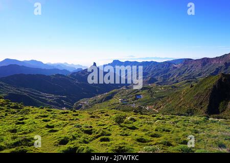 Natürliche grüne Landschaft (Roque Bentayga) im Winter im Tejeda-Tal, Gran Canaria Stockfoto