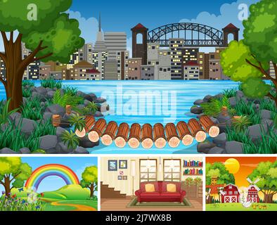 Vier Szenen mit Park- und Gebäudetafel Stock Vektor