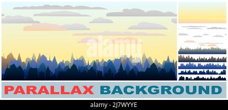 Kleine Stadt Straßen Silhouette. Legt den Parallaxeneffekt fest. Dächer von Häusern. Landschaft auf dem Land. Flacher Cartoon-Stil. Nahtlose Illustration. Vektor. Stock Vektor