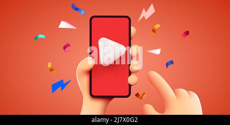 Telefon mit Handhaltung und Videoplayer. Video-Streaming und Vlog-Konzept. Vektorgrafik für Websites und Banner-Design Stock Vektor