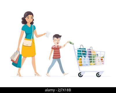 Mutter und Sohn beim Einkaufen. Kind fährt einen vollen Lebensmittelkarren. Vektorgrafik Stock Vektor