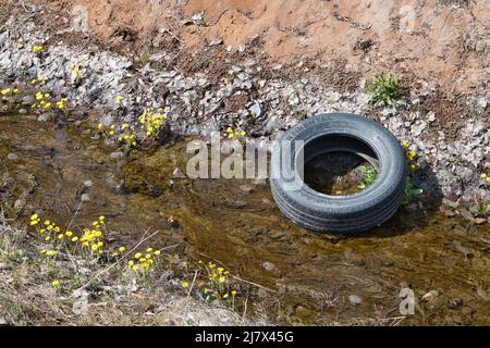 Autoreifen in einen Graben geworfen Stockfoto