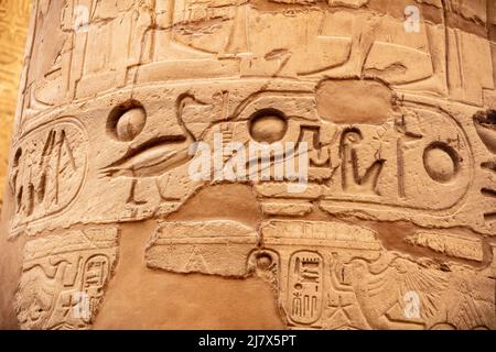 Verschiedene Säulen mit Hieroglyphen im Karnak Tempel. Karnak Tempel ist der größte Komplex im alten Ägypten. Stockfoto