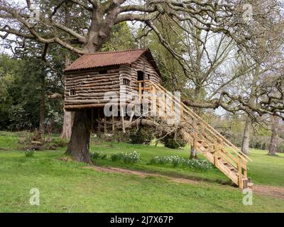 Ein Baumhaus in Plas Newydd in Anglesey, Wales, Großbritannien. Stockfoto