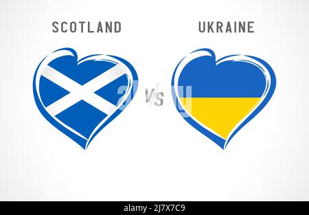 Schottland gegen die Ukraine, Flaggenemblem. Fußball der Nationalmannschaft auf weißem Hintergrund. Schottische und ukrainische Nationalflagge im Herzen, Vektorgrafik Stock Vektor