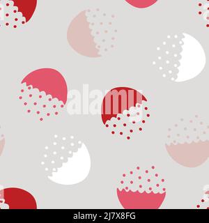 Nahtloses Vektormuster mit halbierten Kreisen und Punkten auf grauem Hintergrund. Hellblaues Tapetendesign mit abstrakt gepunkteten Schalen. Stock Vektor