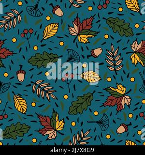 Nahtloses Vektor-Muster mit Herbstblättern auf blauem Hintergrund. Einfaches, saisonales Tapetendesign. Dekorative Waldstruktur Mode Textil. Stock Vektor