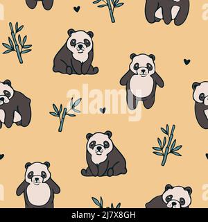 Nahtloses Vektormuster mit handgezeichneter Panda auf gelbem Hintergrund. Einfache niedliche Tier Tapete Design. Dekorative Teddybär Mode Textil. Stock Vektor