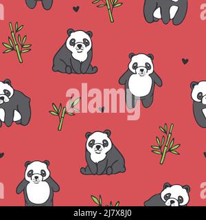 Nahtloses Vektor-Muster mit niedlichen Pandas auf rotem Hintergrund. Einfaches handgezeichnetes Tiertapete-Design. Dekorative Wildlife Mode Textil. Stock Vektor