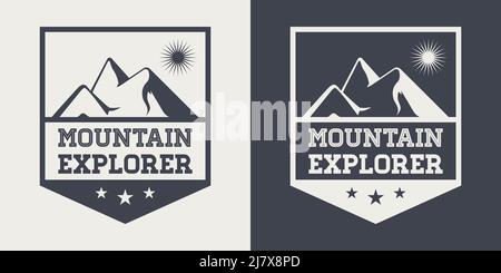 Vector Ventage Etiketten mit handgezeichneten Bergen. 2022. Illustration für Skigebiet, Wandern, Klettern, Mountainbiken Logo Set. Winter Wird Gezeichnet Stock Vektor