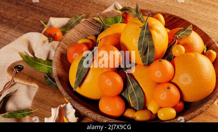 Nahaufnahme von frischen Mandarinenorangen, Früchten oder Mandarinen mit Blättern auf einem Holztisch. Stockfoto