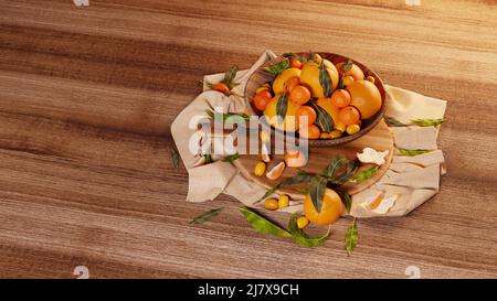 Frisches Clementine oder Mandarin Orange mit Blättern im Holzkorb auf Holztisch. Stockfoto