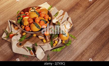 Frische Mandarinenorangen Früchte oder Mandarinen mit Blättern im Schaukorb auf einem Holztisch. Stockfoto