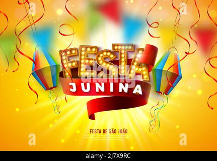 Festa Junina Illustration mit Light Bulb Billboard Schriftzug, Papierlaterne und Band auf Sun Yellow Hintergrund. Vector Brasilien Juni Saint John Stock Vektor