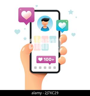 Smartphone-Mockup in menschlicher Hand. Profilbildschirm mit vielen „Gefällt mir“-Angaben. Vektor bunte Social-Media-Illustration. Instagram, Whatsapp, Skype Stock Vektor