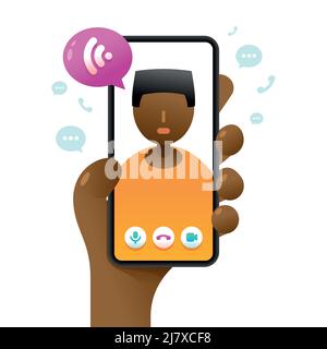 Smartphone-Mockup in menschlicher Hand. Online-Sprachanruf. Vektor bunte Social-Media-Illustration. Instagram, Whatsapp, Skype Stock Vektor