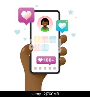 Smartphone-Mockup in menschlicher Hand. Profilbildschirm mit vielen „Gefällt mir“-Angaben. Vektor bunte Social-Media-Illustration. Instagram, Whatsapp, Skype Stock Vektor