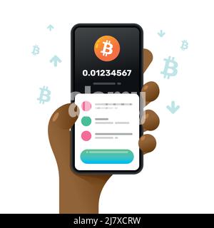 Smartphone-Mockup in menschlicher Hand. Bitcoin-Geldbörse. Vektor bunte Kryptowährung Illustration Stock Vektor