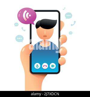 Smartphone-Mockup in menschlicher Hand. Online-Sprachanruf. Vektor bunte Social-Media-Illustration. Instagram, Whatsapp, Skype Stock Vektor
