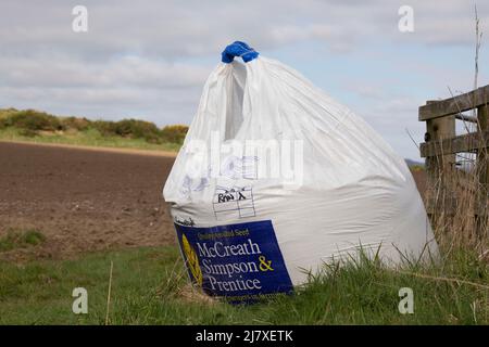 Ein Beutel Gerstensamen am Eingang zu einem gepflügten Feld bereit für die Aussaat Stockfoto