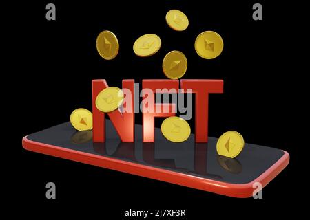 NFT-Schriftzug für nicht fungible Marke mit Ethereum-Münzen. 3D Rendern Stockfoto