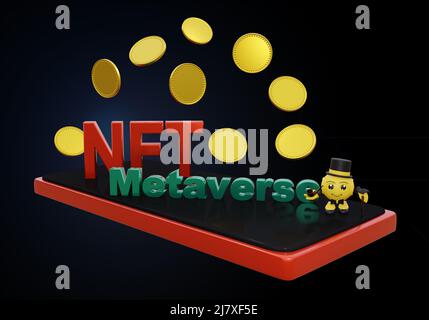 NFT- und Metaverse-Schriftzug mit leeren Münzen und einem lustigen 3D-Zeichen. 3D Rendern Stockfoto