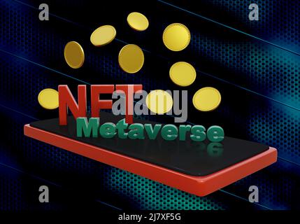 NFT- und Metaverse-Schriftzug mit leeren Münzen. 3D Rendern Stockfoto