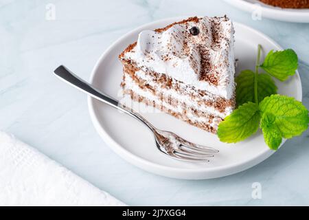 PerfecPerfekter hausgemachter Tiramisu-Kuchen mit Kakaopulver auf dem Teller Stockfoto