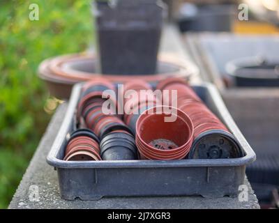 Keramik Blumen Töpfe für Pflanzen in verschiedenen Designs und Größen auf dem Display zum Verkauf in einem Gärtner-Shop Stockfoto