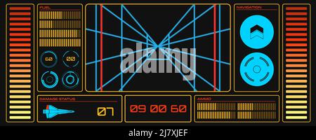 Retro-Digital-Pilot-Schnittstelle vom Raumschiff. 80s Cockpit aus Science-Film-Filmen. Old School-Layout für mobile Videospiele. Stock Vektor