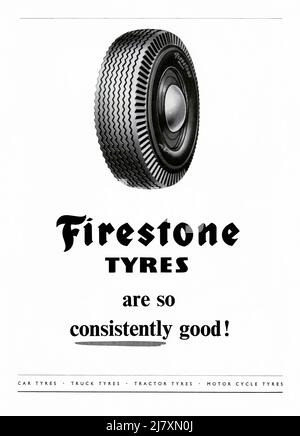 Eine Anzeige von 1953 für Firestone-Reifen. Die Anzeige erschien in einem Magazin, das im Juni dieses Jahres in Großbritannien veröffentlicht wurde – es handelte sich um eine Sonderausgabe, die anlässlich der Krönung von Königin Elizabeth veröffentlicht wurde. In der Anzeige werden die zahlreichen Märkte genannt – Pkw-, Lkw-, Traktor- und Fahrradreifen. Firestone Tire and Rubber Company ist ein amerikanisches Reifenunternehmen, das 1900 von Harvey Firestone gegründet wurde. Es wurde der ursprüngliche Lieferant zu den Automobilen der Ford Motor Company. Im Jahr 1988 wurde das Unternehmen an die japanische Bridgestone Corporation verkauft – Vintage 1950s Grafiken für die redaktionelle Verwendung. Stockfoto