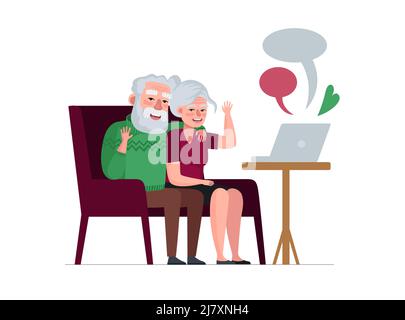 Ältere Paare Rentner Großeltern sitzen und reden auf dem Laptop. Alte Leute online Webkonferenz. Videokommunikation für Senioren. Vektorgrafik eps Stock Vektor