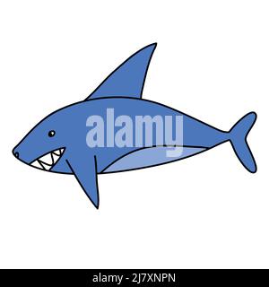 Hai im Doodle-Stil, einfache kindliche Illustration, blauer Hai mit Strich und Zähnen auf Weiß Stock Vektor