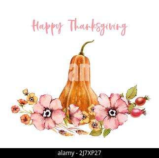 Aquarell Thanksgiving Karte Vorlage. Komposition mit Kürbis und Blumenkranz. Staubige rosa Hagebutte, Briar isoliert auf weißem Hintergrund. Hand Stockfoto