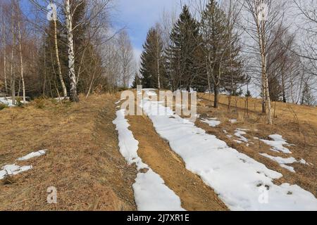 Letzter Schnee auf dem Weg in den Bergen. Nehmen Sie es in der Ukraine, Karpaten Stockfoto