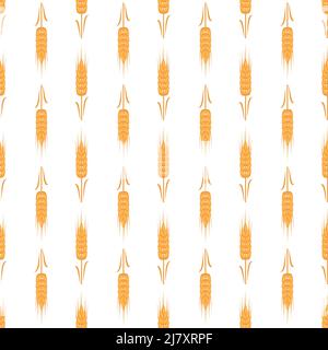 Nahtloses Muster mit goldenem Weizenohr auf weißem Hintergrund. Druck von Körnern zur Herstellung von Mehl, Brot und anderen Lebensmitteln. Vektorgrafik flach Stock Vektor
