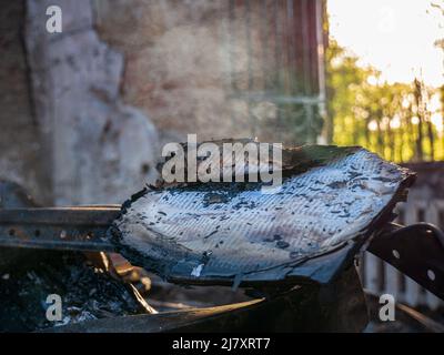 Charkiw Region, Charkow, Skovorodinovka, Skovorodinivka, Ukraine - 05.07.2022: Brennendes Buch im literarischen Skovoroda-Museum, das durch das Rauchen des Feuers schwelte Stockfoto