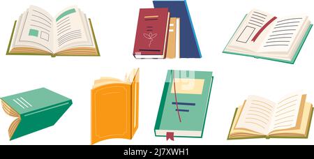 Lehrbücher oder Literatur für Schüler, offene Bücher oder Tagebücher für die Bildung und den Erwerb von Wissen in der Schule. Lernen und Lernen. Informationen in der Öffentlichkeit Stock Vektor