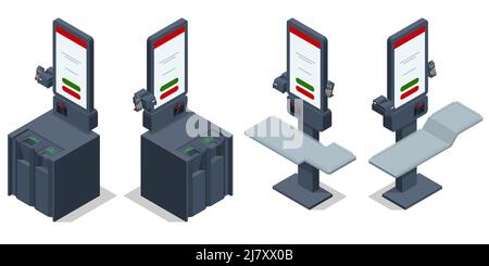 Isometrischer Self-Service-Checkout. Selbstbedienungsautomaten in einem Supermarkt, Supermarket Kassierer Kasse Arbeitsplatz mit Karte Zahlungsterminal Stock Vektor