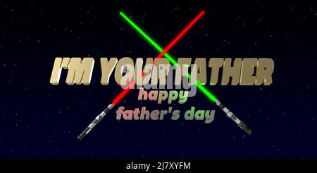 Ich bin euer Vater Happy Father's Day Feier Film Thema Hintergrund. Grußkarte mit 3D gerenderten Laserschwertern. Text auf dunklem Hintergrund mit Kopierbereich Stockfoto