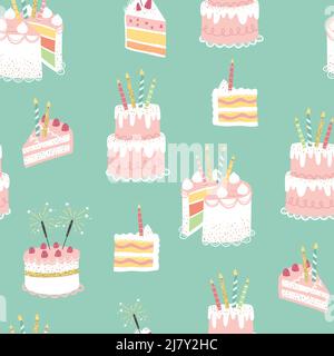 Fun Hand gezeichnet Partei nahtlose Hintergrund mit niedlichen dekorierten Kuchen. Ideal für Geburtstagsfeiern, Textilien, Banner, Tapeten, Verpackung - Vektor-Design Stock Vektor