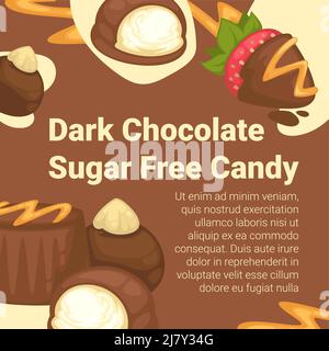 Zuckerfreie dunkle Schokolade Bonbons und Cookies, Shop-Anzeigen und Sortiment von Produkten zum Verkauf. Weiche und köstliche Mahlzeit mit Nüssen und Früchten, Stock Vektor