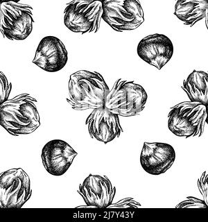 Nahtloses Muster mit schwarzen und weißen Haselnüssen, Buchstaben Stock Vektor